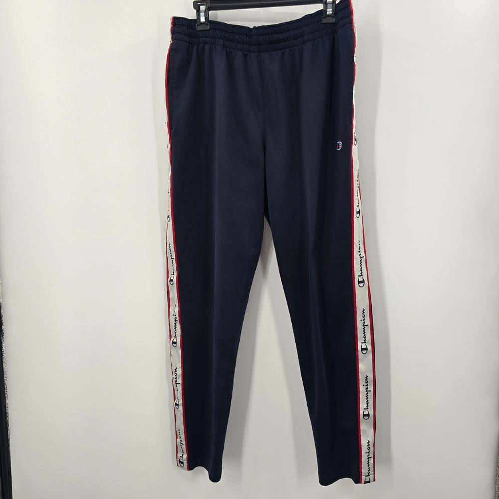 Vintage Champion Mens Track Pants Navy Blue Logo Tape Stripe Joggers Large‎